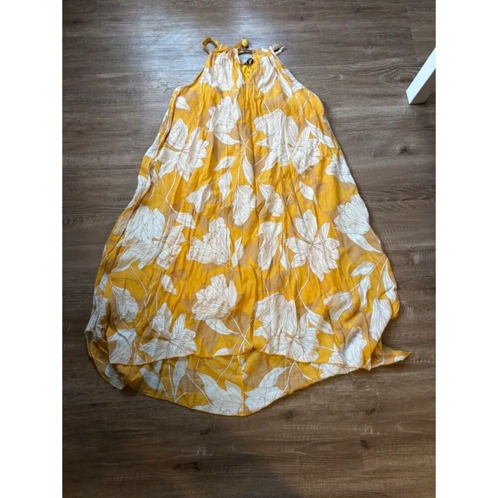 Mille Gabrielle Yellow Floral Halter Midi Dress Women's Sleeveless Summer Sz 2XL